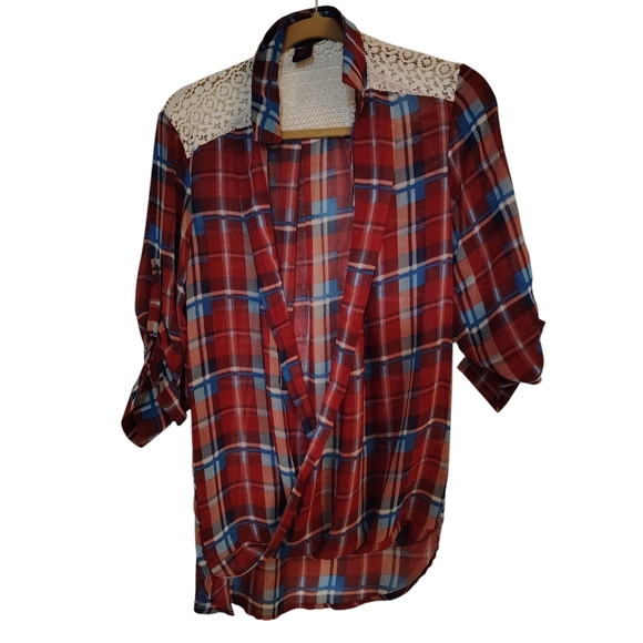 Men's Red Plaid Shirt with Lace Detail - Picture 4 of 16